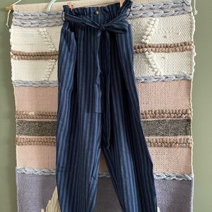 Navy Pinstriped Paperbag Linen Pants